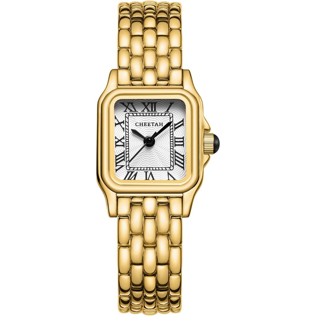 Gold Watches For Women With Small Vintage Bracelet, Rectangular Case Roman Dial